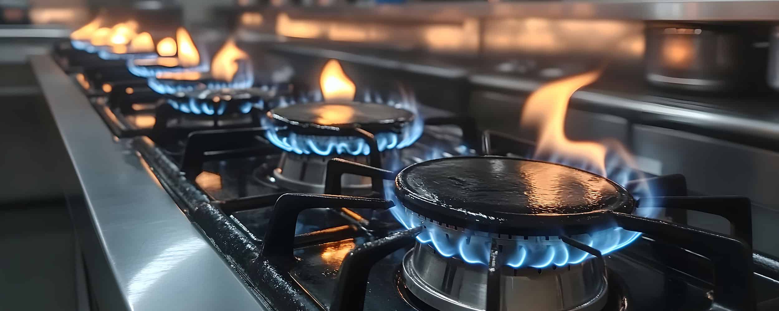 A commercial gas cooktop